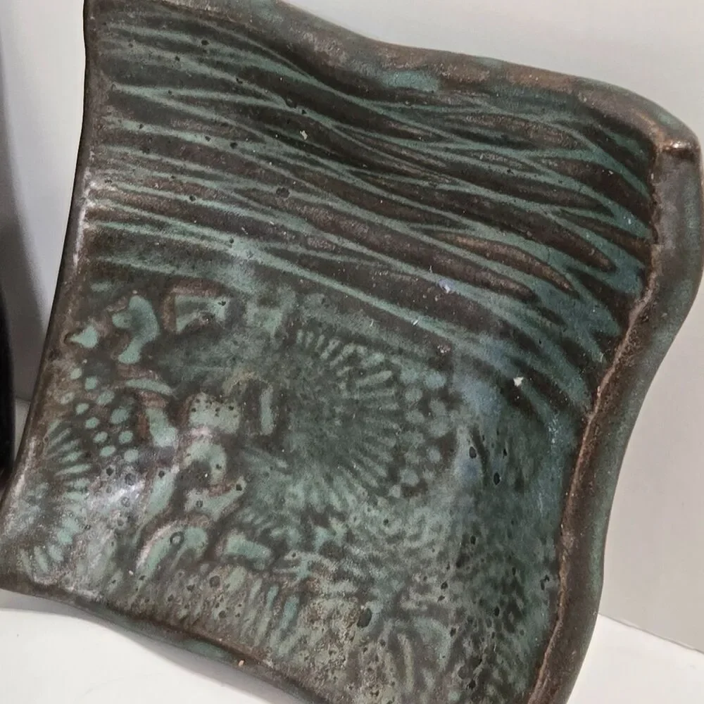 Art Pottery Sauce/ Ring/ Chopstick Holders x4‎ Art Pottery Abstract Green rustic